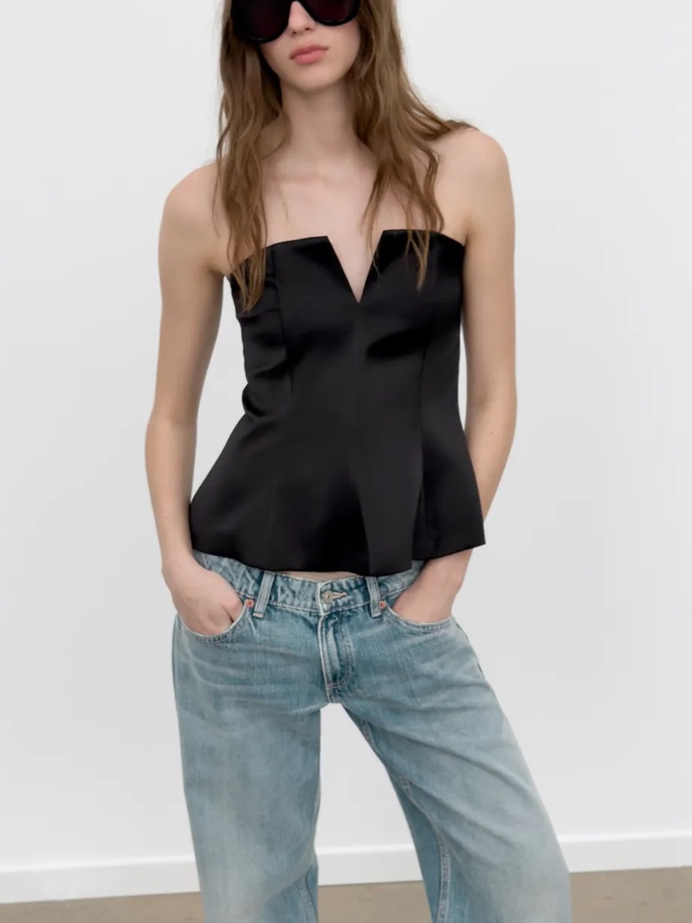 Zara NWT Strapless Black Satin Peplum Top